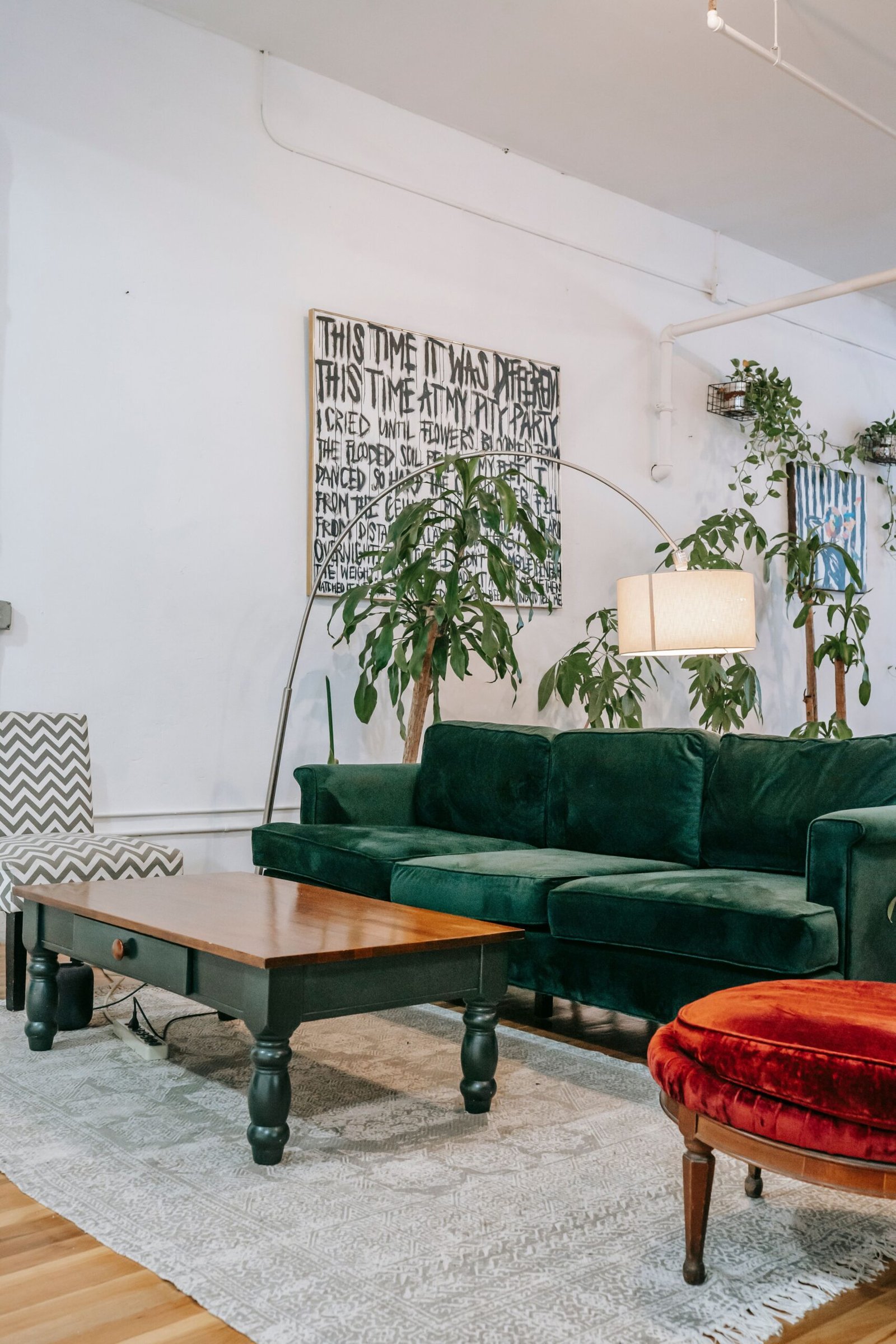 Sofa, coffee table and houseplants
